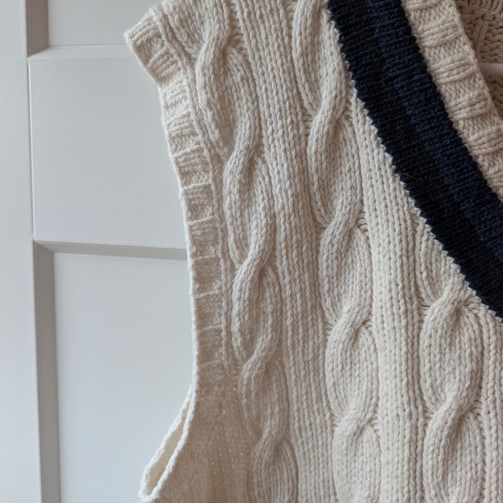 HAND KNIT - Ralph Lauren Cream Cable V-Neck Sweater Vest with Navy Trim - Picture 4 of 5